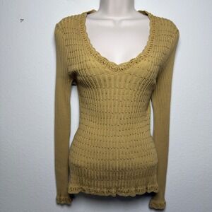 VTG Y2K Susan Lewis Wome Silk Indie Grunge Sweater Large Yellow Beaded Ribbed